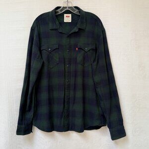 Levi’s Modern Fit Western Cowboy Snap Shirt Mens Large Green Plaid Long Sleeve